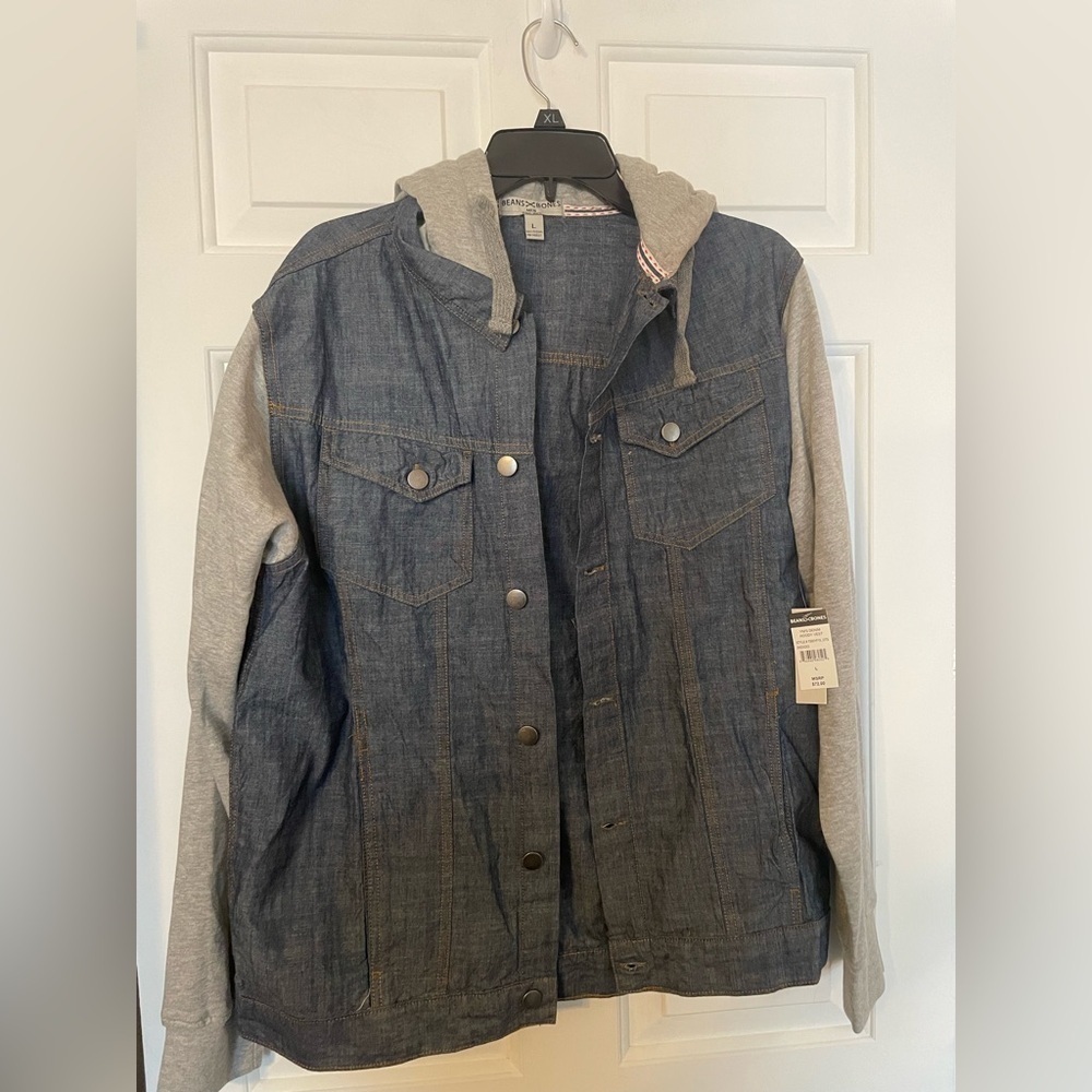 Beans X Bones Men’s Denim Hoodie Vest Jacket NWT Size Large Indigo & Gray Button
